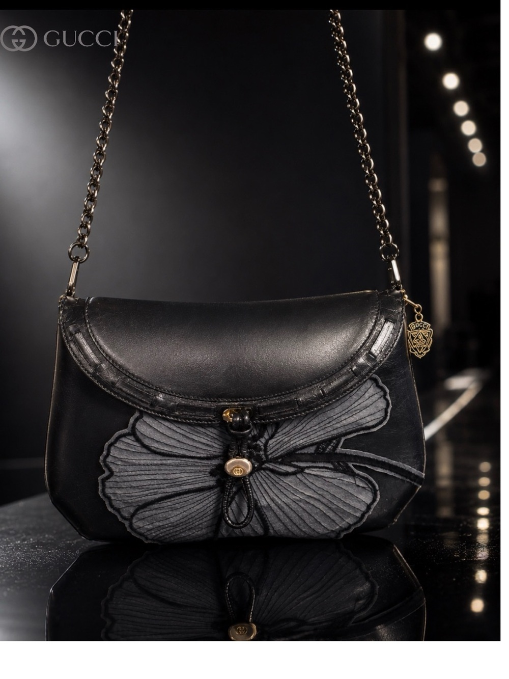 AUTHENTIC GUCCI COUTURE- RARE TOM FORD 2000 RUNWAY BAG BLACK LEATHER-APPLIQUÉ